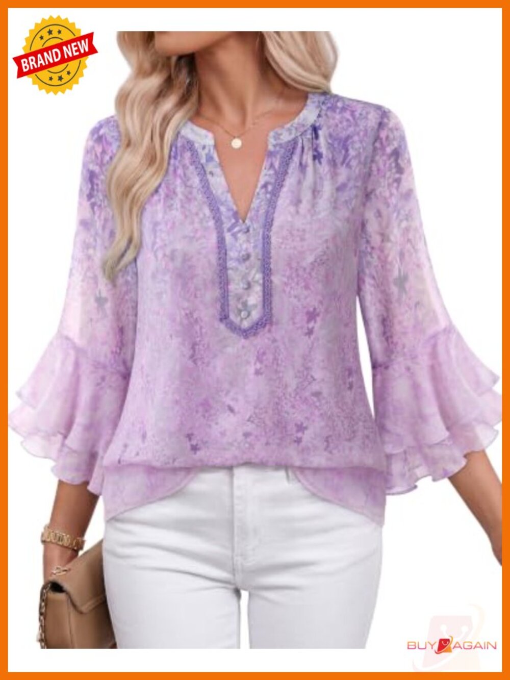 Womens Chiffon Blouse 3/4 Ruffle Sleeve Henley V Neck Embroidered Trim